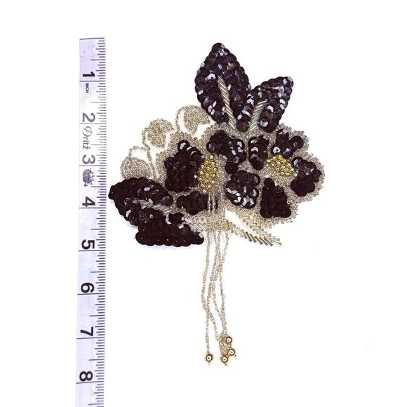 Black & Silver Beaded Sequin Floral Appliqué Patch with Dangles – 6.5” - Picture 5 of 10